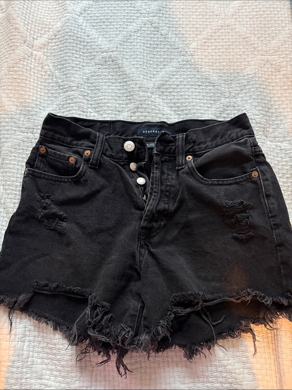 Aeropostale Black Distressed Frayed Denim Shorts